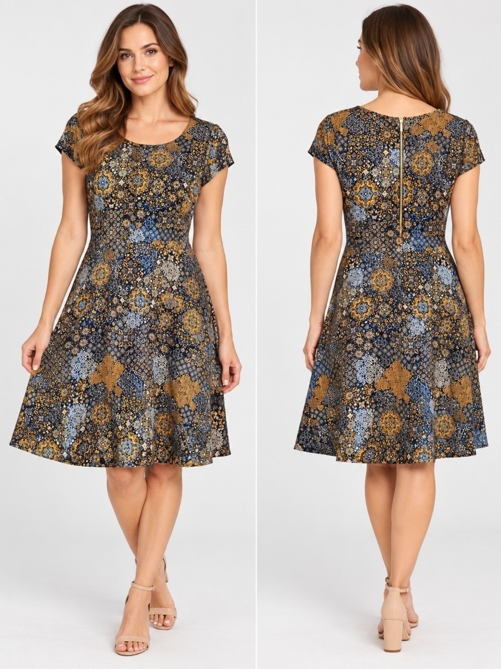 Michael Kors Navy and Mustard Patchwork Print Short-Sleeve Dress